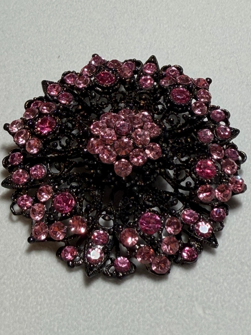 Vintage Gunmetal Pink Rhinestone Filigree Mandala Brooch Pin